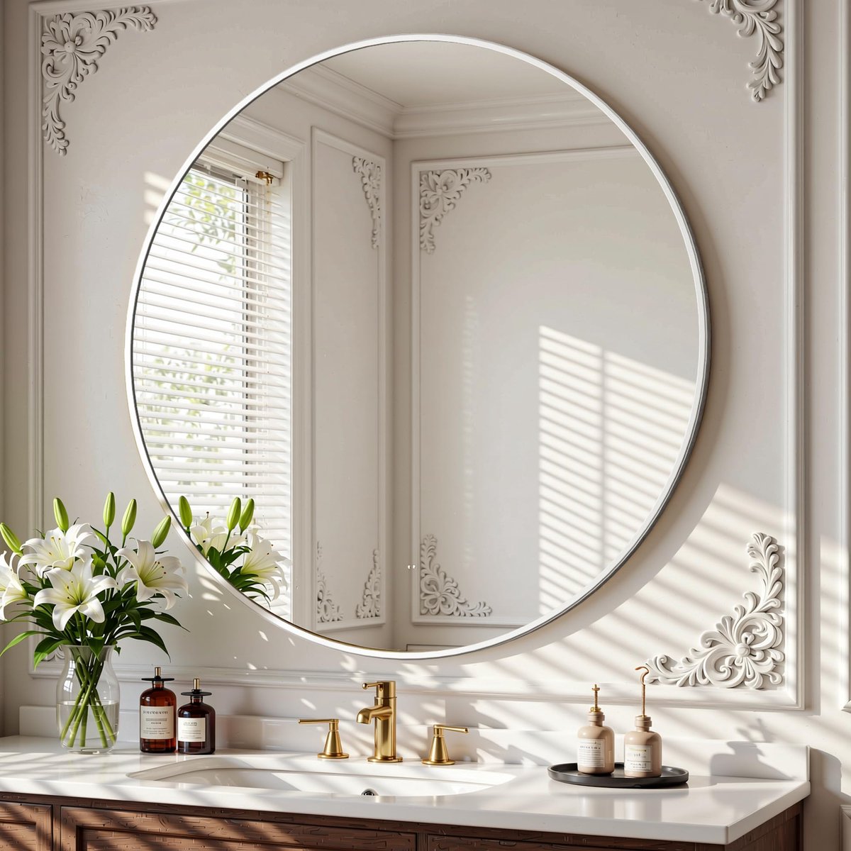 SnelShoppen - Ronde spiegel 90 cm - Onbreekbare wandspiegel met aluminium frame - Badkamerspiegel om op te hangen of te leunen - Witte wandspiegel voo