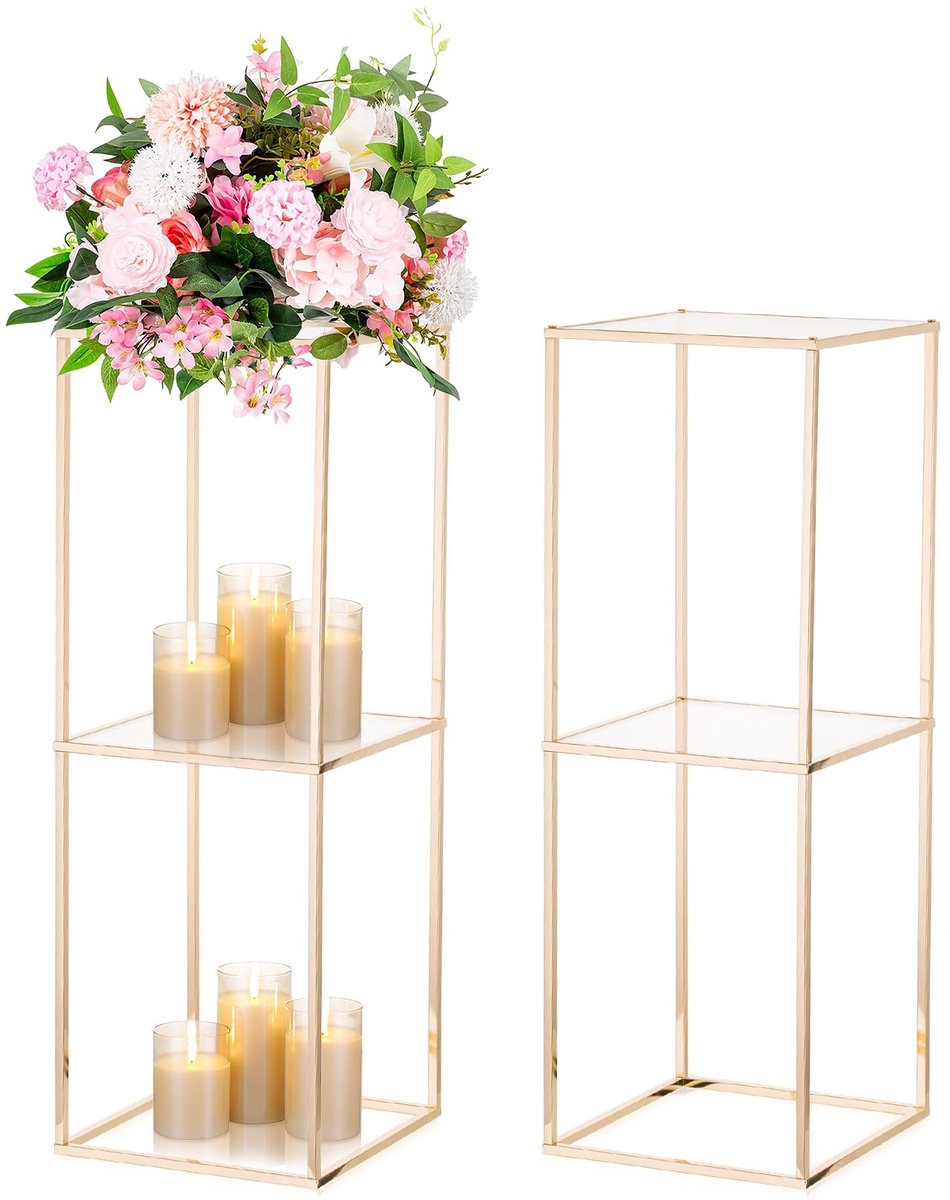 SnelShoppen - Gouden Vazen voor Tafelcentra: 2 Stuks 80cm Hoge Bloemstandaard met 2-Laags Acryl Paneel, Metalen Geometrische Kolom Vazen voor Bruiloft