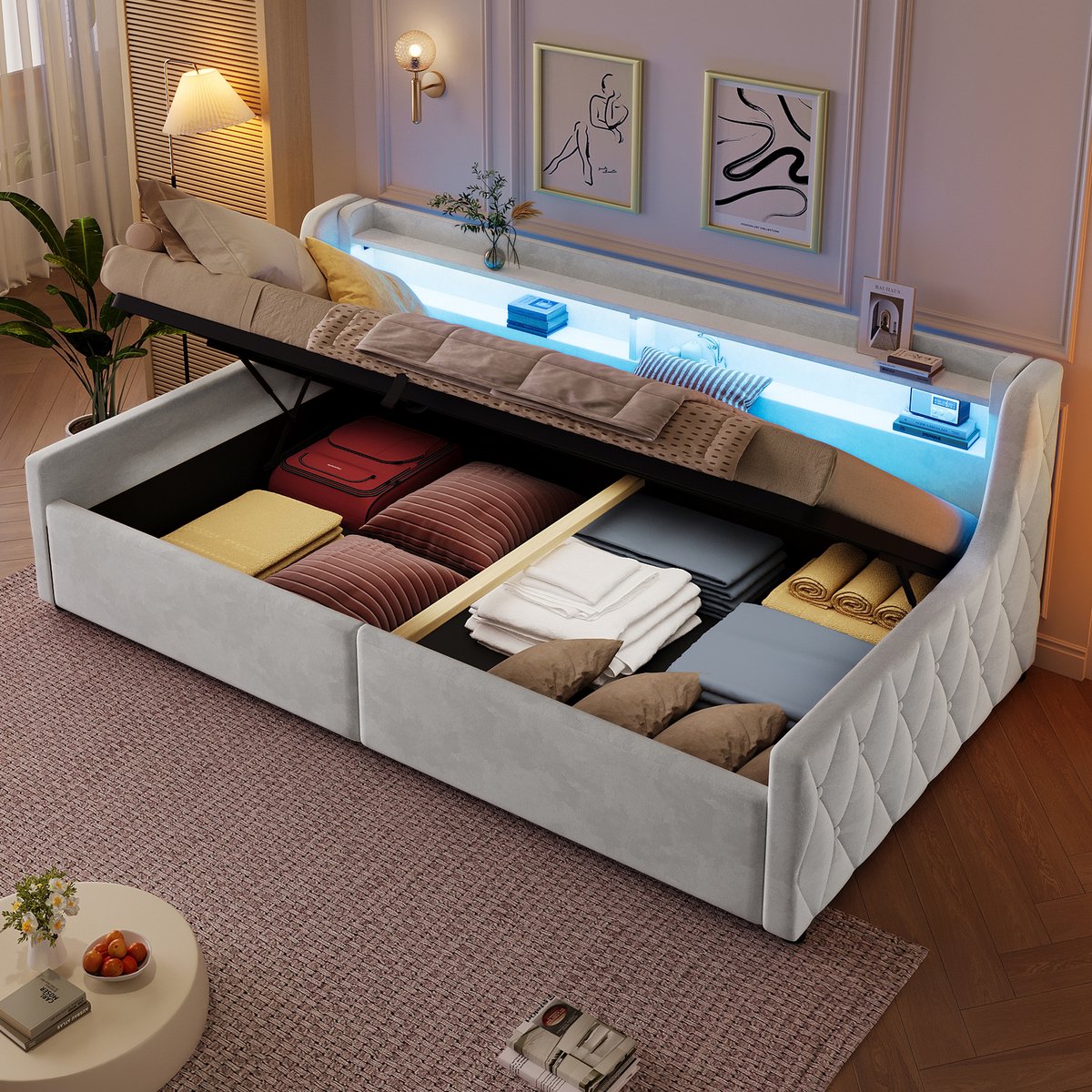 Bed 90x200 cm - Velvet Platformbed Met Hydraulische Opbergruimte En LED - Beige