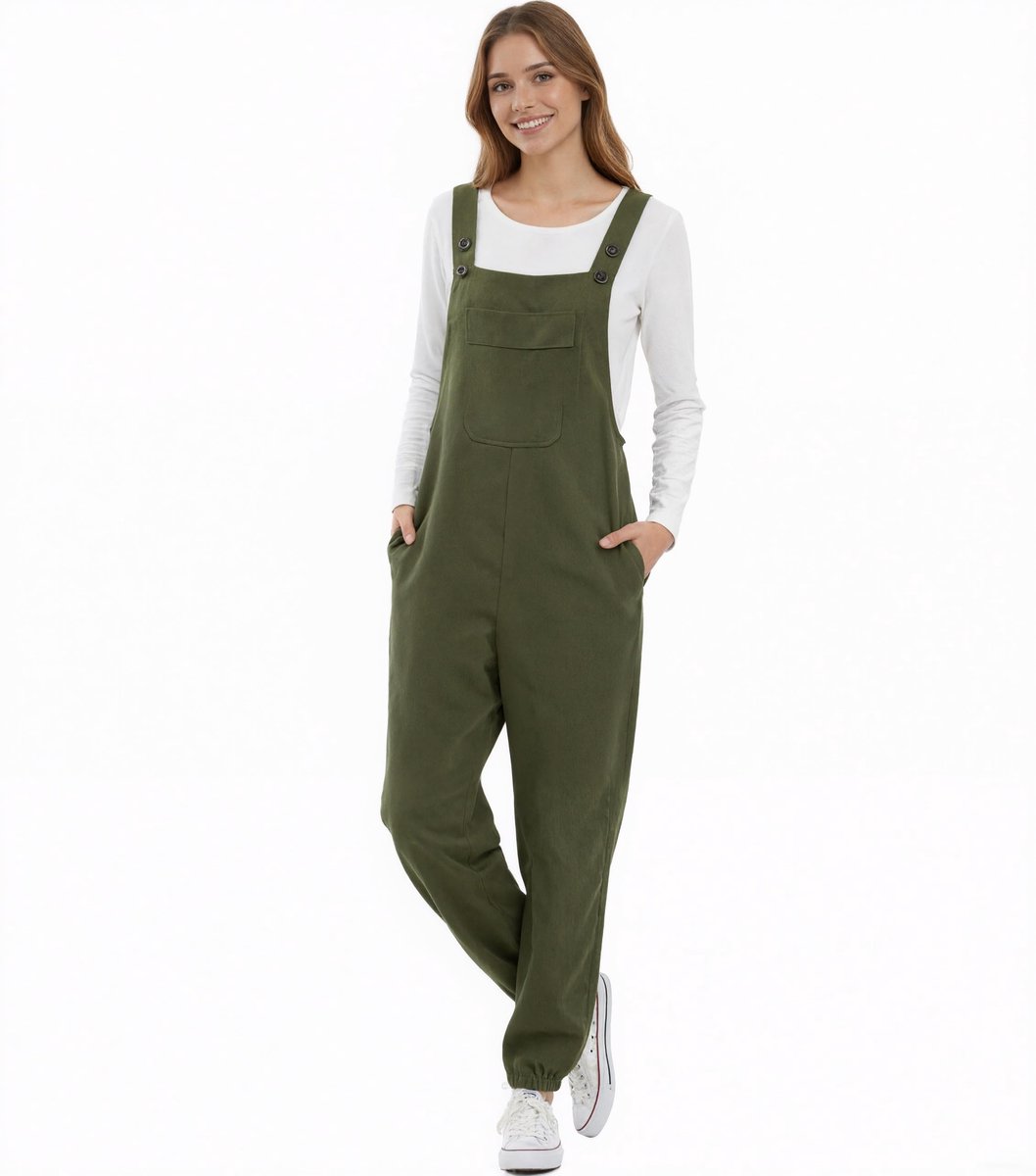 SnelShoppen - Dames katoen-linnen jumpsuit met zakken, bandjesbroek, casual slimfit overall, stijlvolle tuinbroek in leger groen, maat XL voor feest,