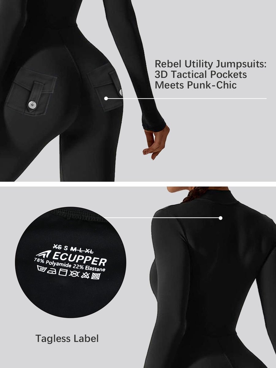 SnelShoppen - Ecupper Jumpsuit Dames Elegant Rits Voorkant Eendelig Sport Romper Lange Mouwen met Zakken Yoga Casual Zwart Maat L