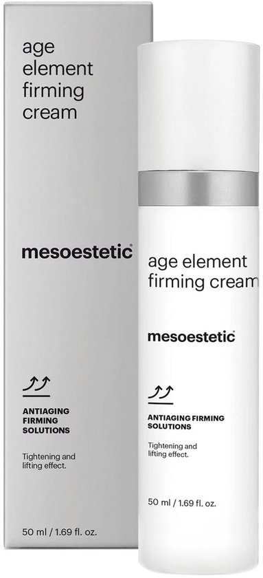 Boîte et flacon pompe de Mesoestetic Age Element Firming Cream 50 ml avec le texte : 'age element firming cream', 'mesoestetic', 'ANTIAGING FIRMING SOLUTIONS', 'Tightening and lifting effect'.