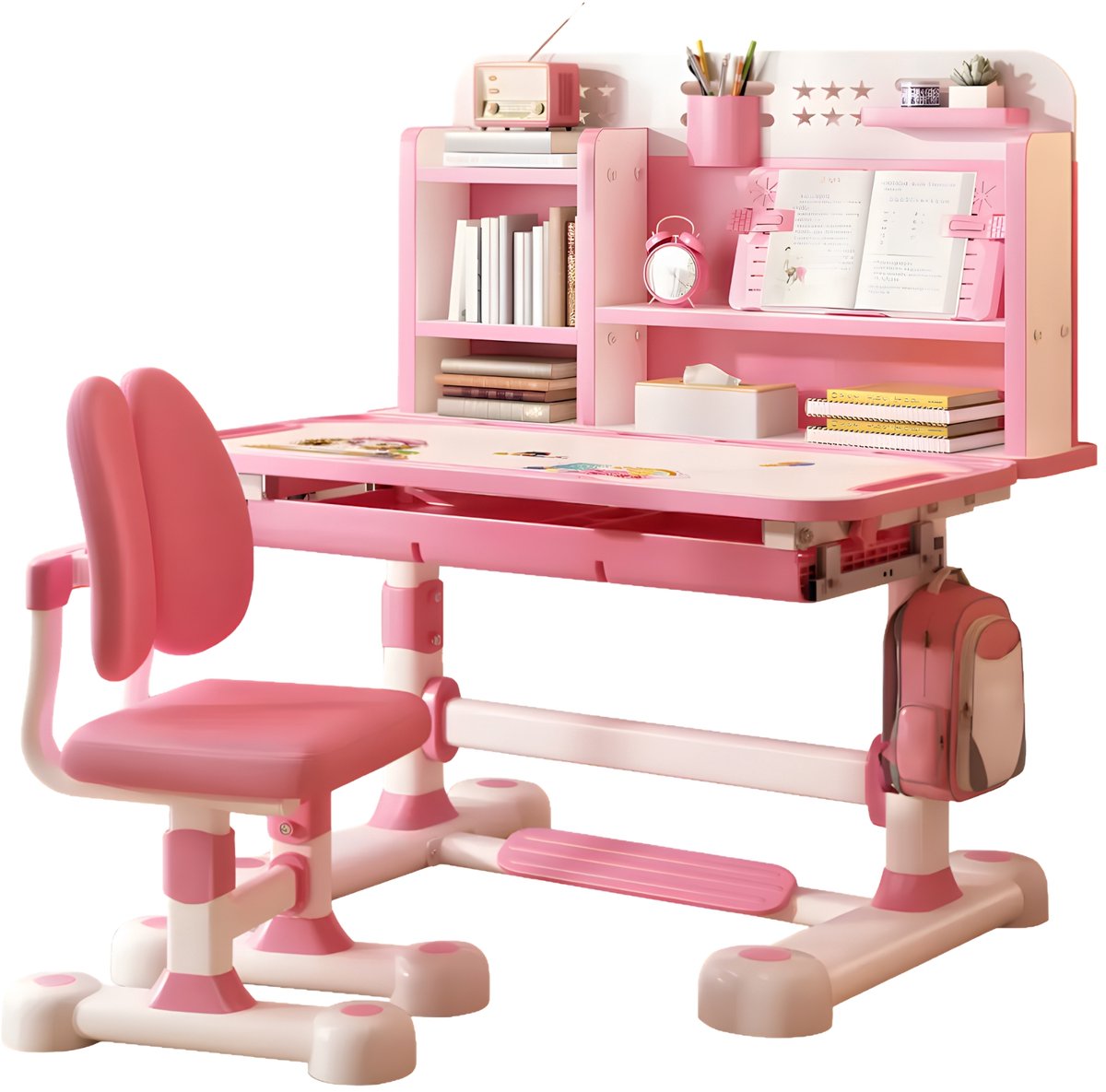 Kinder Studie Bureau & Stoel Set – In Hoogte Verstelbare Schooltafel met Ergonomische Stoel en Houdingscorrector – Roze