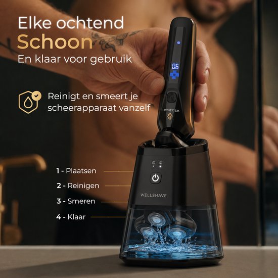 Man wordt geschoren door zwart scheerapparaat met reinigingsstation. Tekst: "Elke ochtend Schoon".