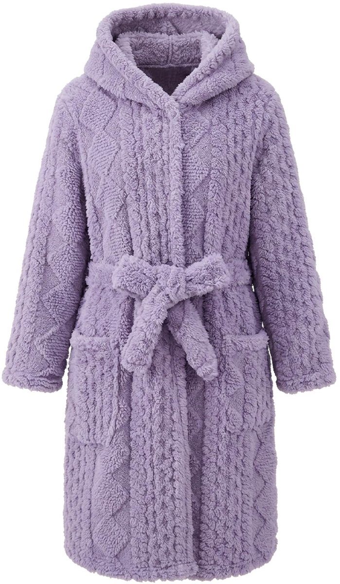 SnelShoppen - Kinderbadjas met capuchon, fleece ochtendjas voor jongens en meisjes, lila, 13-14 jaar, comfortabele en warme badjas voor thuis, zwembad