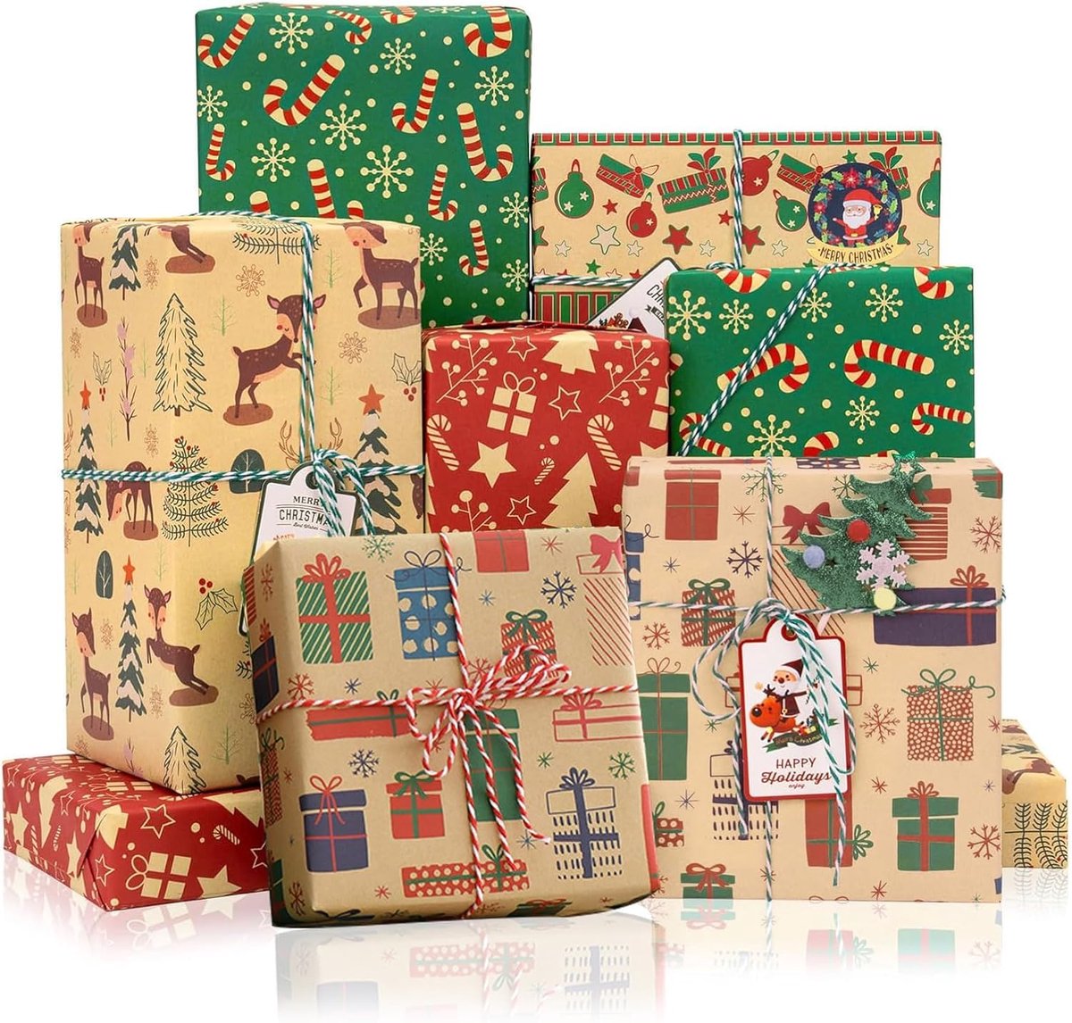Dailygoods - Set van 10 Kerst Cadeaupapier Vellen - Gerecycled en Kleurrijk voor Feestdagen