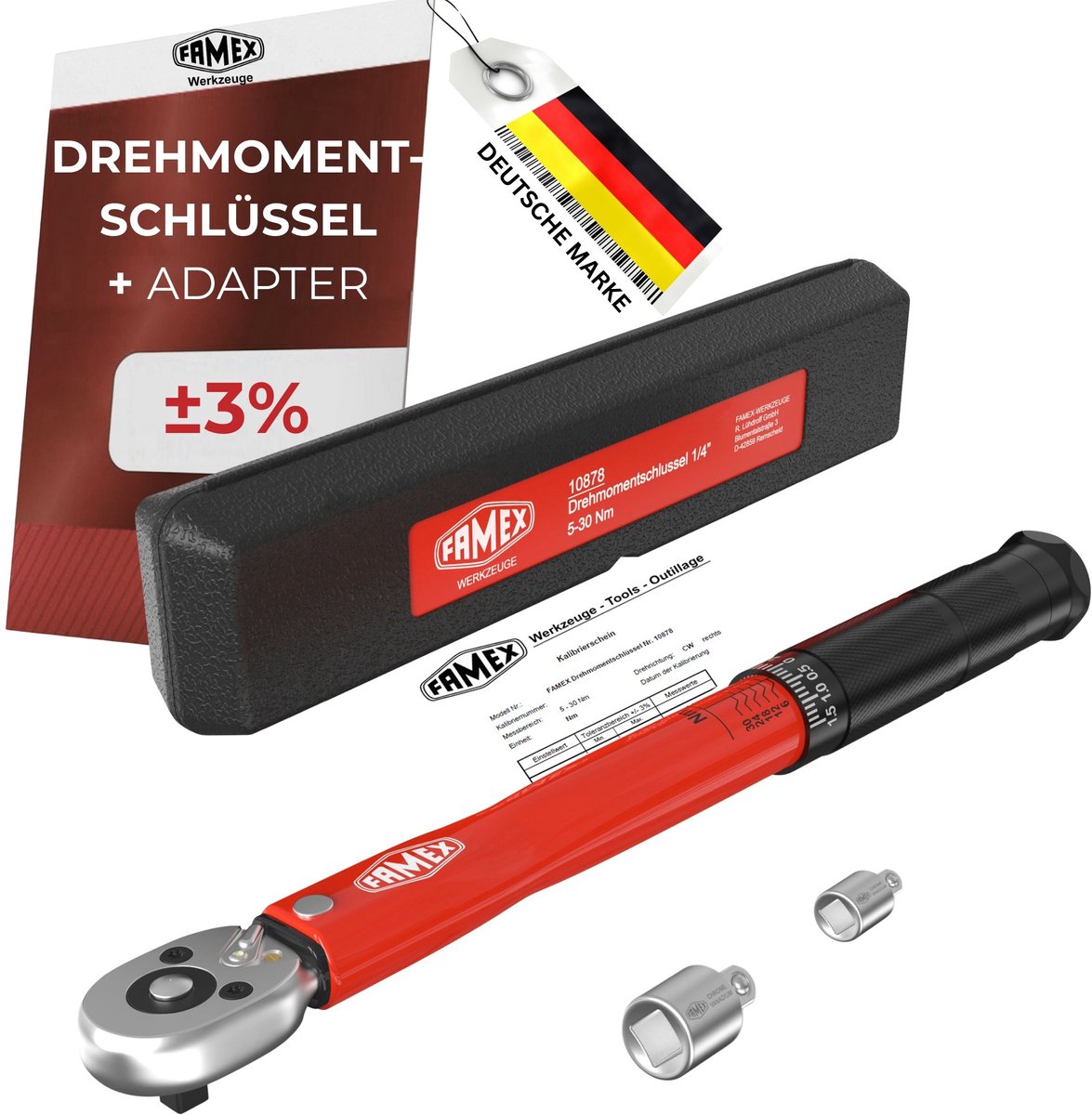 FAMEX 10873-2A Momentsleutel 1/4” - 3-30 Nm - gekalibreerd tot ±3%, Adapter, met kalibratiecertificaat, beide draairichtingen, voor fiets en voertuig
