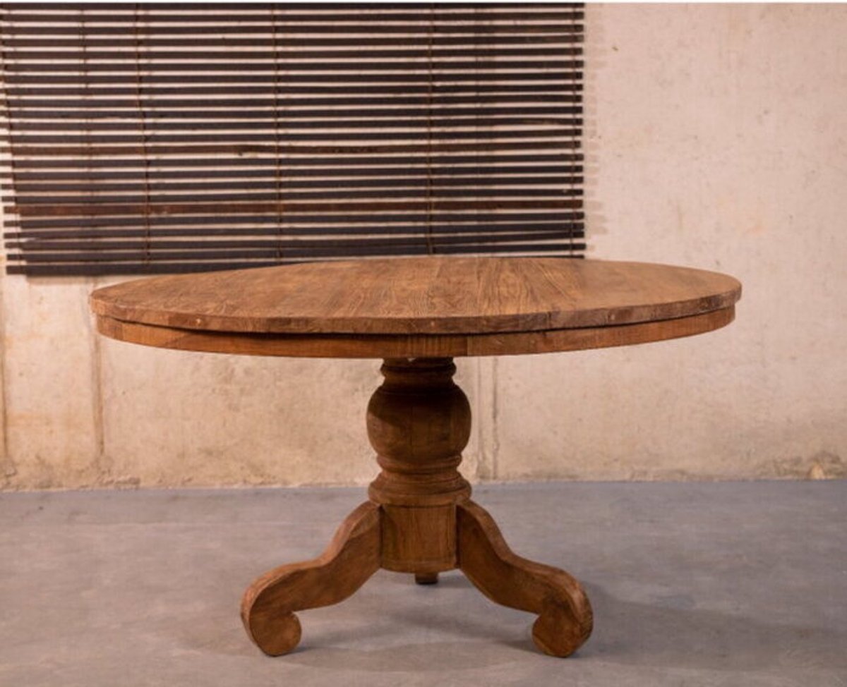 Meubelplaats Eettafel Dingklik Rond - Teak Hout - Klassieke Poot - Bolpoot - 130 cm