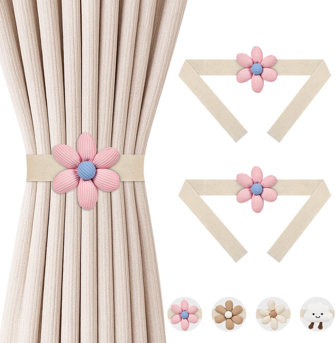 Dailygoods - 2 Schattige Gordijnbinders voor Kinderkamer - Wolk en Bloem Ontwerpen