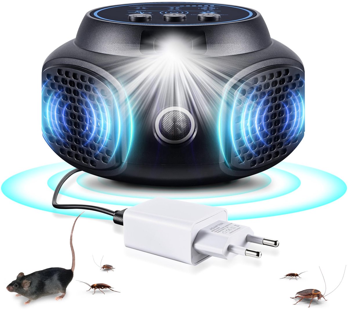 SnelShoppen - Ultrasone Ongediertebestrijder voor Binnen, Ratten Verjager met Elektronisch Licht, Plug-in, Zwart, Effectieve Ongediertebestrijding, Di