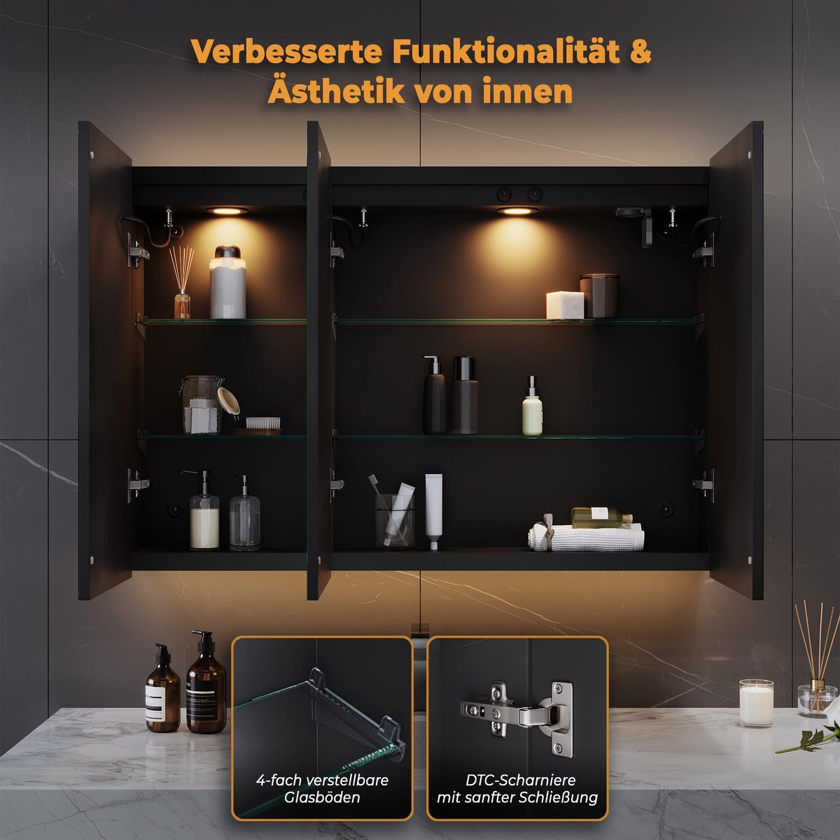 SnelShoppen - LOMIKEN Spiegelkast Badkamer met Sensorlampen, Roestvrij Staal, 100x60x13 cm, Voorgemonteerd, Anti-condens, Traploos Dimbaar, 3 Kleurtem