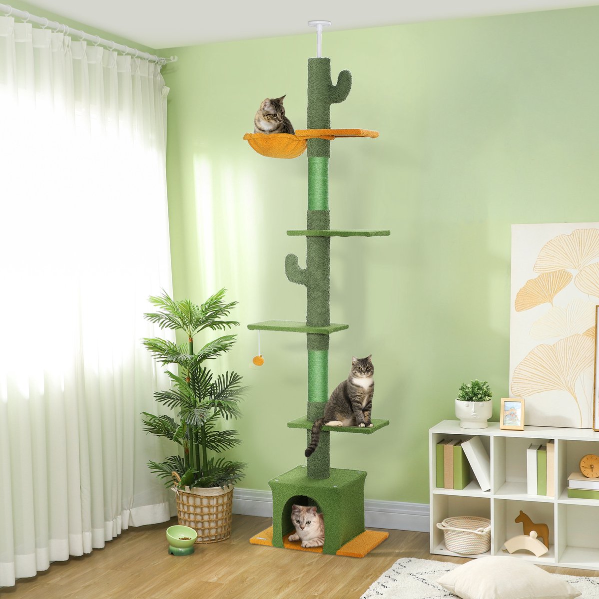 MIVRAY Krabpaal – Verstelbare Hoogte 230-275 Cm – Polyester – Groen – Kattenhuis, Hangmat En Speelbal – Anti-Kipbeveiliging