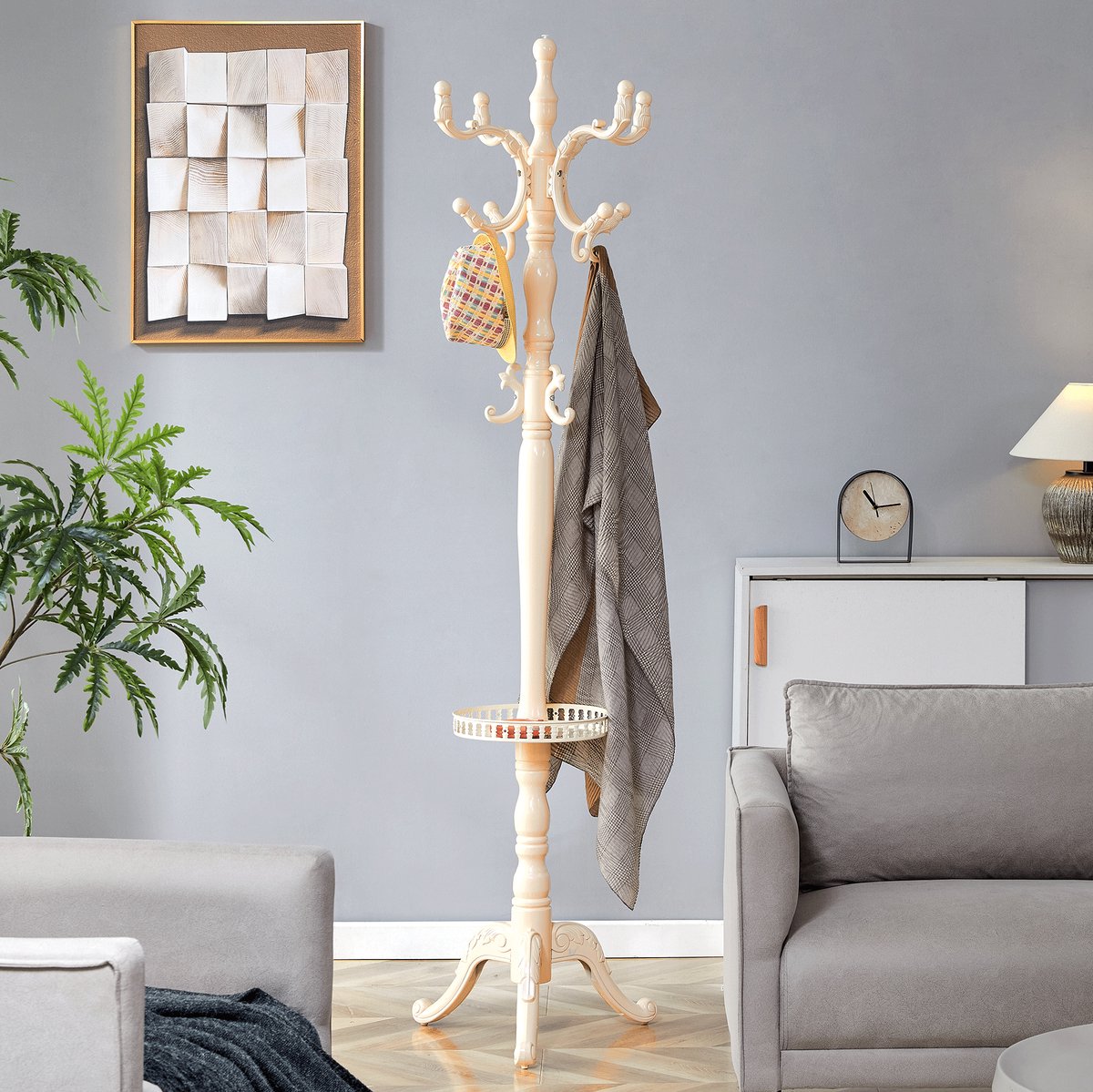 HAUSS SPOLE Kledingrek – Europees Design Met Meerdere Haken – 195 cm Hoog – Massief Hout – Crèmewit – Voor Hal En Slaapkamer