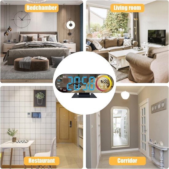 Digitale Klok - Spiegel Wekker - Wakker Worden - Zachte Verlichting - 18.5 cm - Wit — afbeelding 2