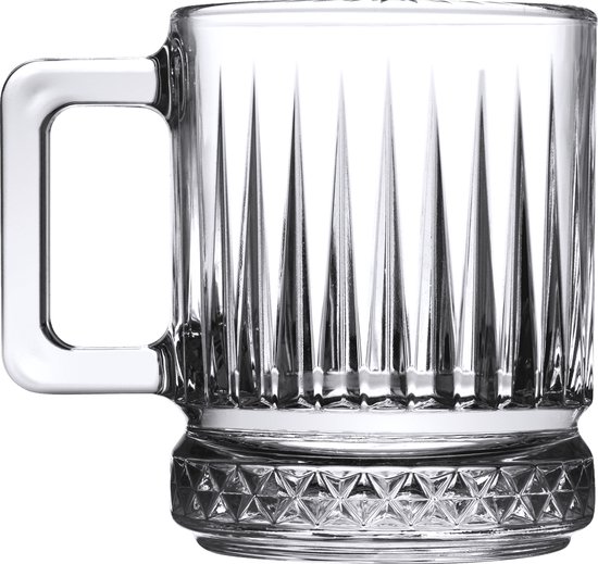 Doorzichtige glazen bierpul met verticale ribbels en een decoratieve kristallen rand aan de onderkant.