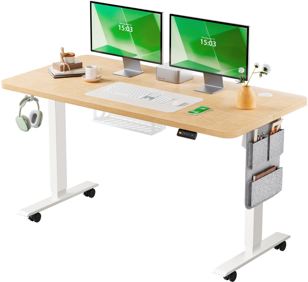SnelShoppen - Elektrisch in Hoogte Verstelbaar Bureau 120x60 cm - Zit-Sta Bureau met Geheugenbesturing, Kabelbak, Haken en Opbergvakken voor Thuiskant