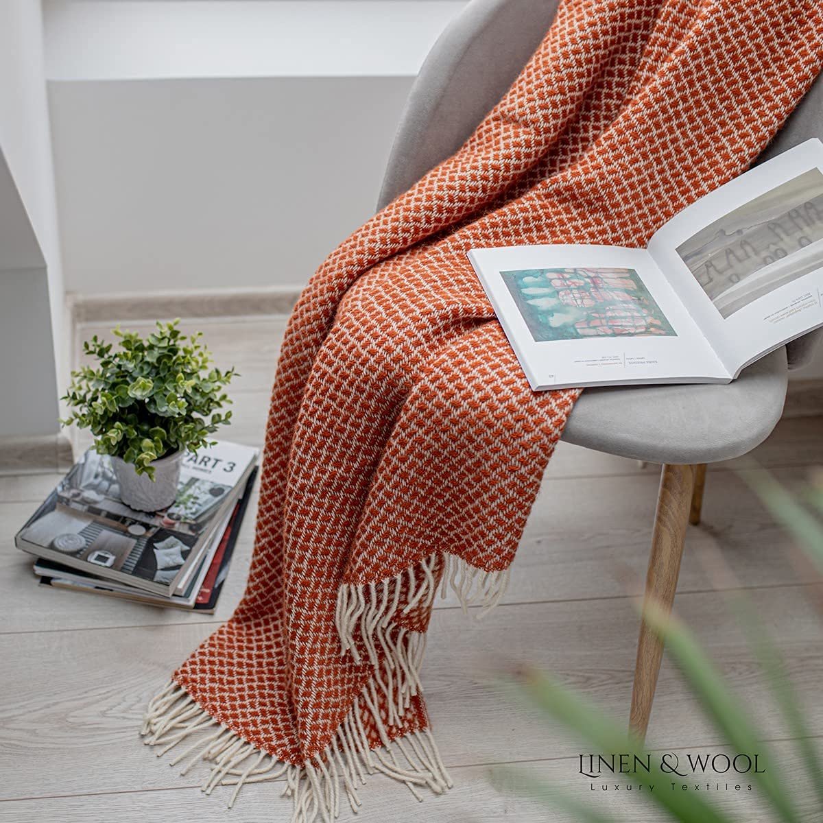 SnelShoppen - Zachte Warme Wollen Deken 130x170 cm - Terracotta Oranje Rood Plaid Gooi Sprei voor Bank Bed Slaapbank - 100% Nieuw-Zeelandse Wol - Idea