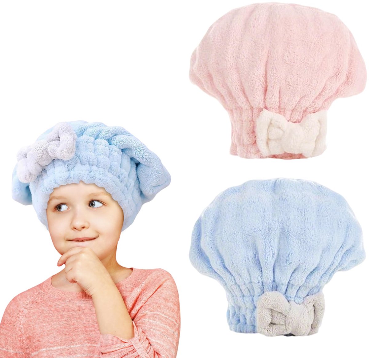 SnelShoppen - 2 Stuks Haarhanddoek Wrap voor Kinderen - Super Absorberende Microvezel - Zachte Sneldrogende Tulband Hoofdhanddoek - Schattige Haardrog