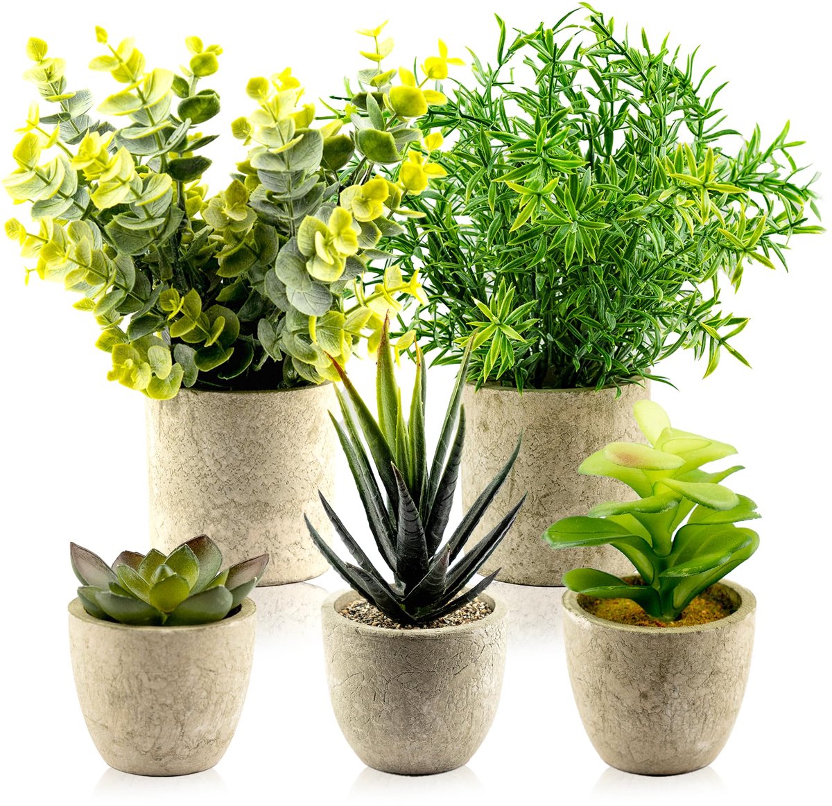 SnelShoppen - Set van 5 Decoratieve Kunstplanten in Pot, Kleine Plastic Nepplanten voor Binnen, Eucalyptus, Rozemarijn en Vetplanten, Mini Planten voo