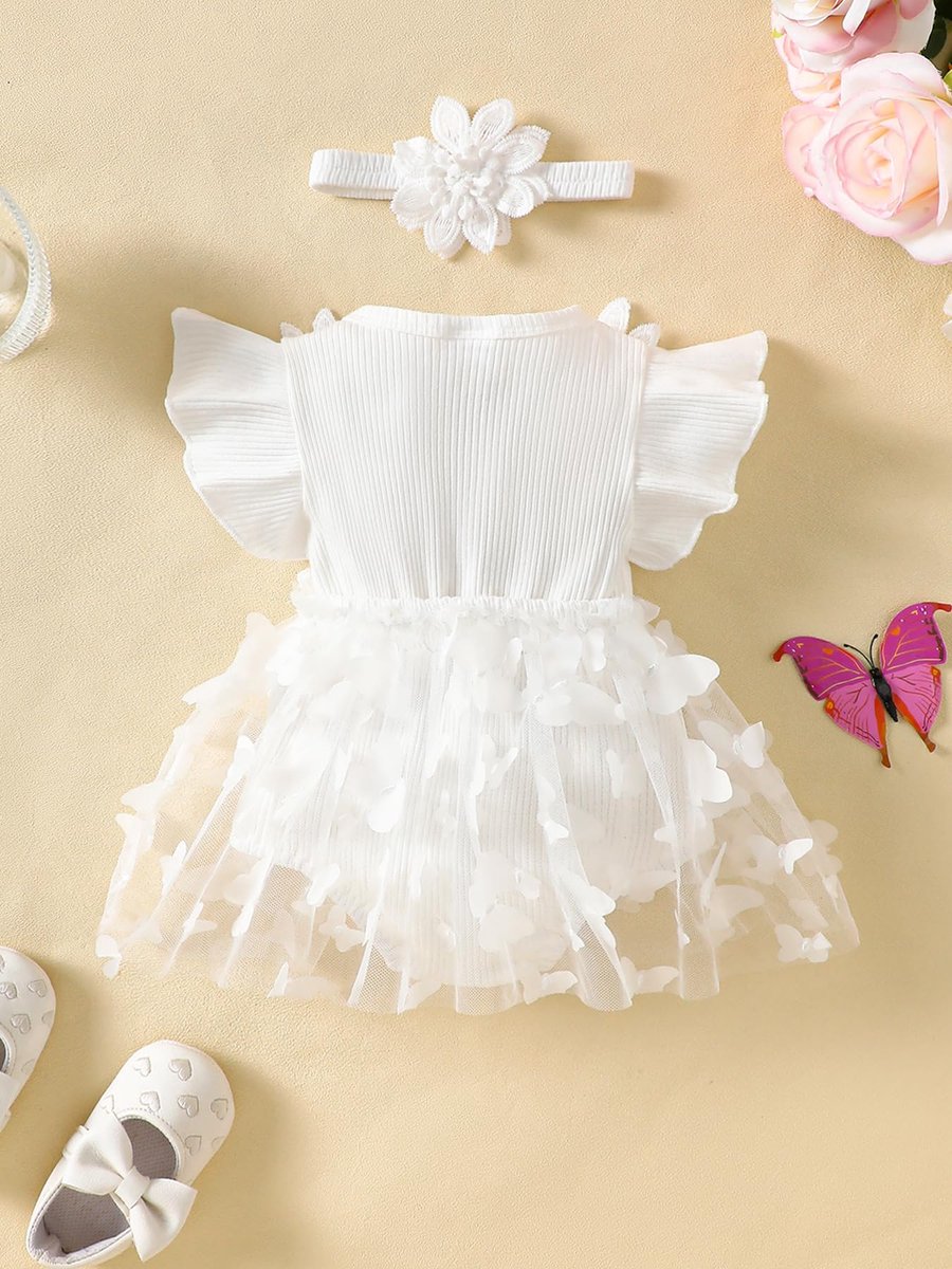 SnelShoppen - Strandjurk voor Babymeisjes met Vleugelmouwen, Geribbelde 3D-Vlinder en Tule, Witte Bijpassende Hoofdband, Maat 6-9 Maanden, Perfect voo