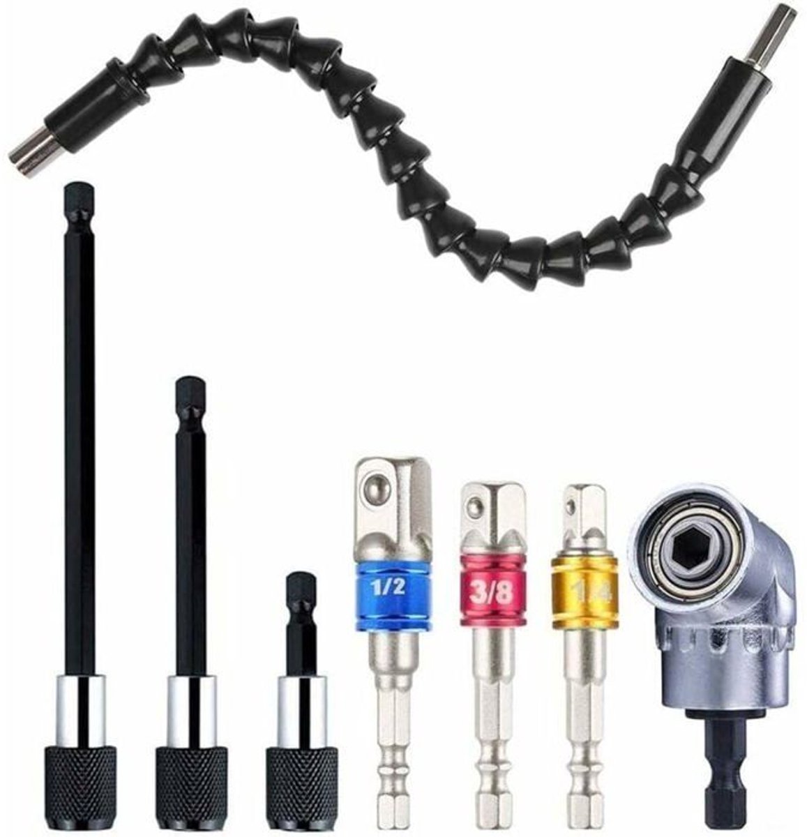 LISM-Accessoires Geschikt voor boorbits - 1 flexibele verlengstang + 1 haakse adapter + 3 schroevendraaierbits + 3 boorkoppen - 1 set