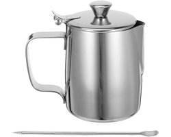 Melkopschuimkan met deksel - Latte art kan Schenkkan - Koffiebereiding Thuis - Precisie Schenktuit - 350 ml - Zilver
