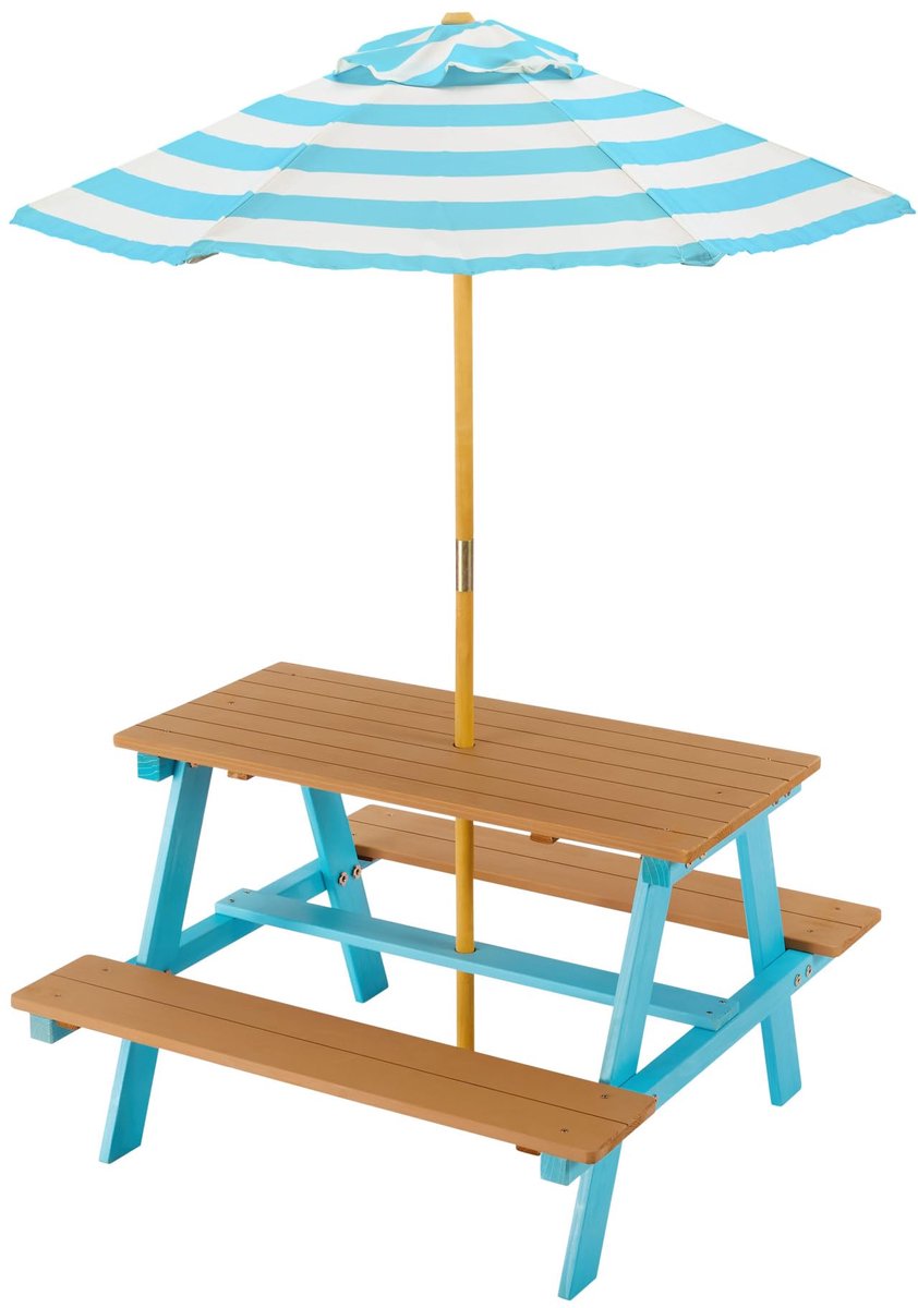 SnelShoppen - Teamson Kids Dakota Houten Picknicktafel met Parasol - Buiten Speeltafel & Bankjes voor Kinderen - Blauw - Ideaal voor Tuin, Feestjes en