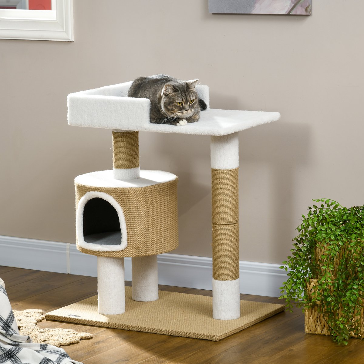MIVRAY Krabpaal 79 Cm Met Kattenhuisje En Ligplatform Stevig Jute En Pluche Bruin Wit Voor Katten Tot 8 Kg