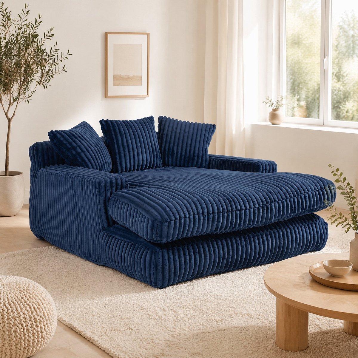 COVREO Chaise longue 125x155x63 cm - marineblauw ribstof, 3 kussens, zonder montage
