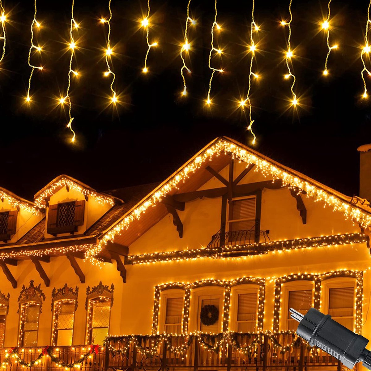 SnelShoppen - Lichtsnoer voor Buiten 5 m met 200 LED's, Lichtgordijn met 8 Modi en Timer, IP44 Waterdicht Warm Wit Kerstdecoratie voor Balkon, Tuin, F