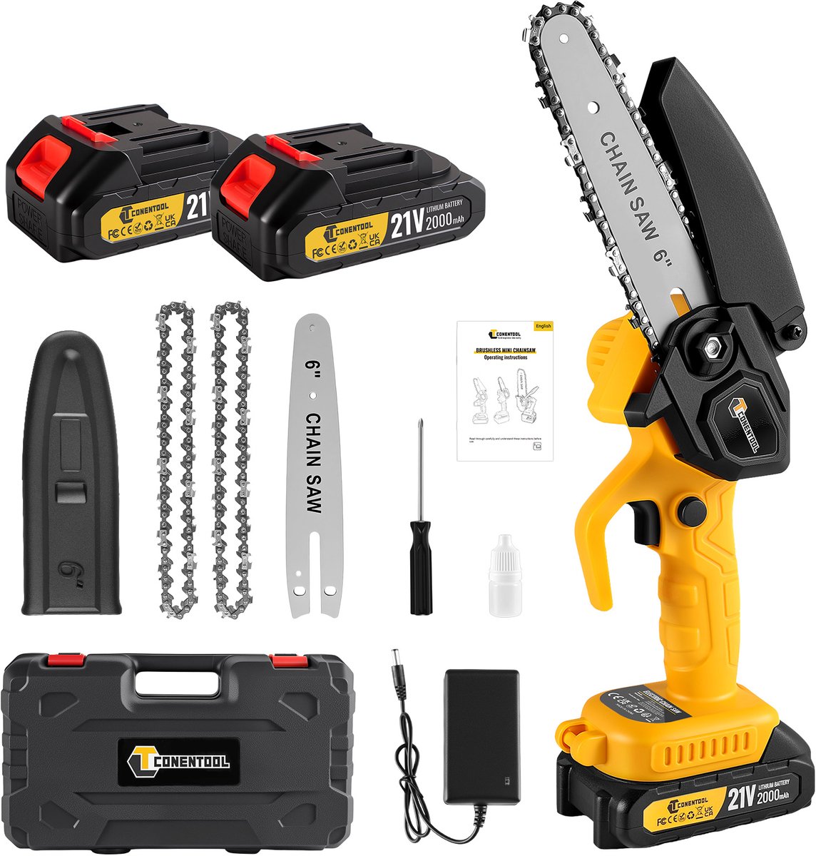 CONENTOOL Mini Kettingzaag 6 Inch – Draadloze Elektrische Handkettingzaag – Snoeizaag Takkenzaag Boomzaag – Inclusief Opbergkoffer, 2 Accu’s en 2 Kettingen