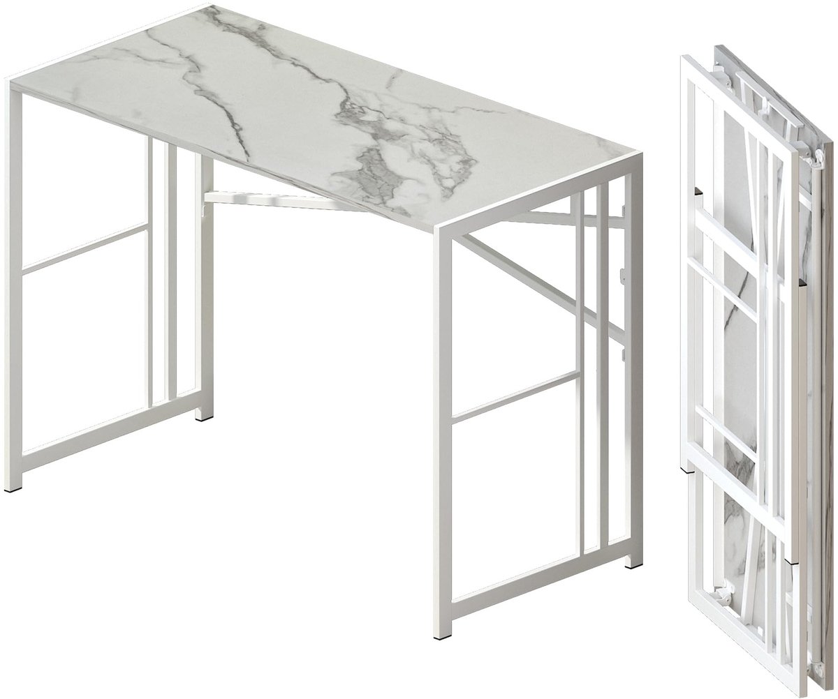 SnelShoppen - Inklapbaar Bureau 103 cm, Schrijf- en Gaming Tafel, Wit Marmer, Perfect voor Camping, Thuiswerken, Geen Montage Vereist, Ideaal voor Kin
