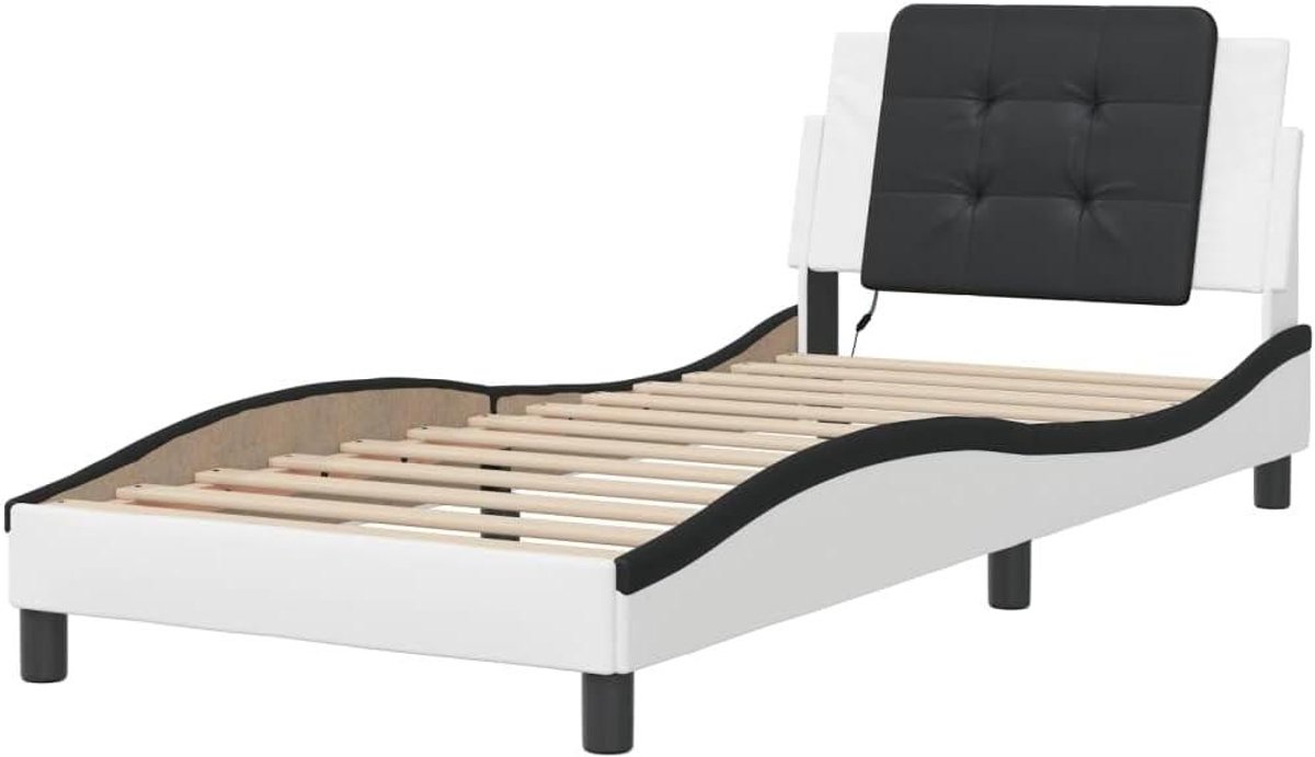 Bedframe met LED - Eenpersoonsbed Bedombouw - Ontspannen Slapen - Hoofdbord met Verlichting - 80x200 cm - Wit en Zwart