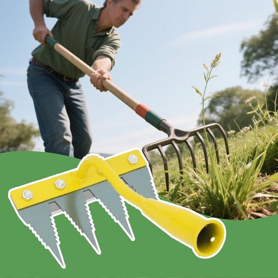 Tuinhark met 4 tanden - Onkruidverwijderaar Gazonhark - Bodem losmaken - Verdikt gehard metaal - 21 cm breed - Gele kop — afbeelding 2