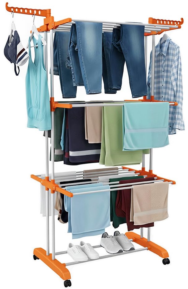 SnelShoppen - Opvouwbaar Droogrek met 4 Etages, Roestvrij Staal, Ruimtebesparend, Met Wielen en Haken, Stabiel en Geschikt voor Binnen en Buiten, Oran