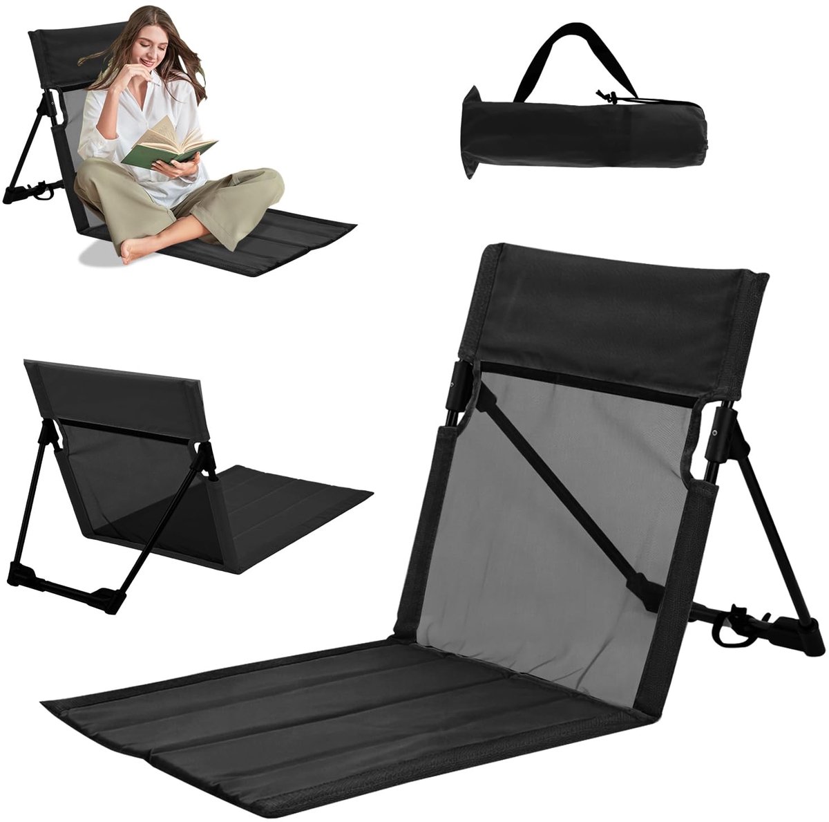 SnelShoppen - Strandmat met rugleuning, Draagbare Opvouwbare Strandstoel, Lichtgewicht Campingstoel, Ligstoel voor Picknick, Tuin en Wandelen - Zwart