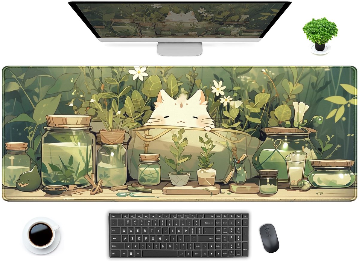 SnelShoppen - Leuke Kawaii Witte Kat Anime Muismat met Groene Plant Bladeren - XL Gaming Bureaumat Bureauonderlegger voor Vrouwen, Perfect voor Kantoo