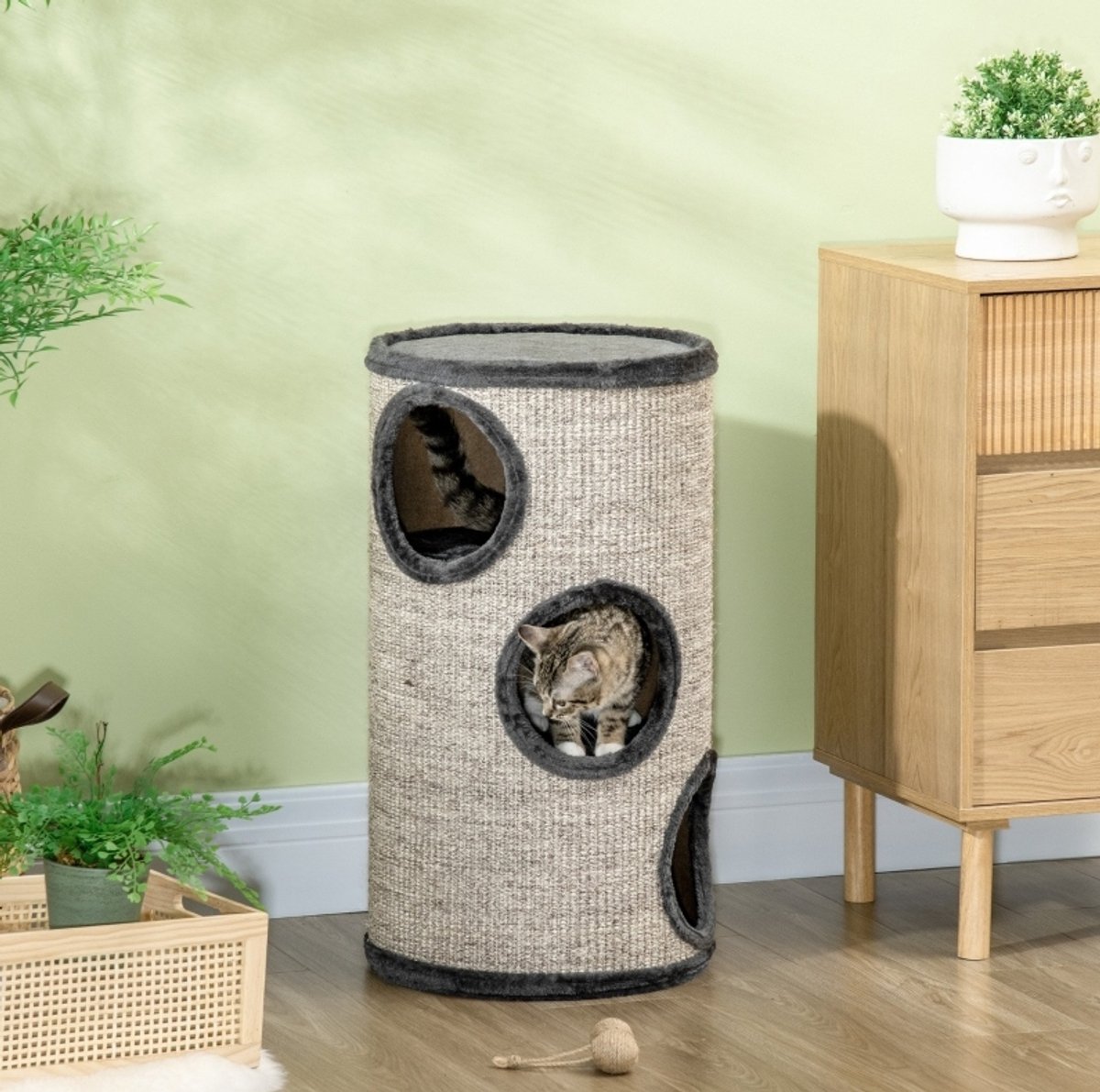 Krabton voor Katten – 3 Niveaus – 38 x 38 x 70 cm – Pluche en Sisal – Grijs – Rusten en Krabben