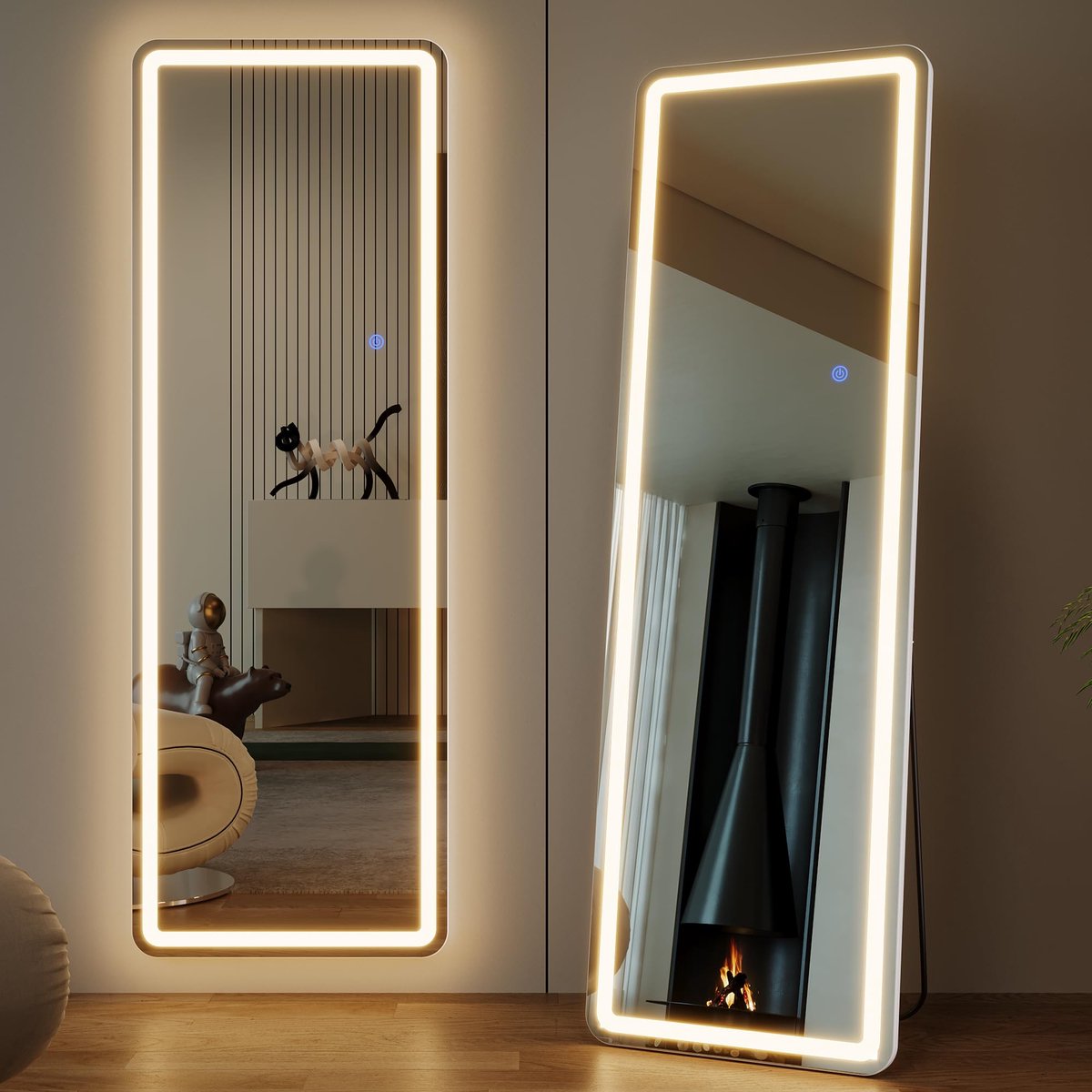 SnelShoppen - Staande Spiegel LED 160 x 50 cm, Volledige Lengte Passpiegel met Verlichting, Vrijstaande Vloerspiegel voor Woonkamer, Hal, Wit, Grote W