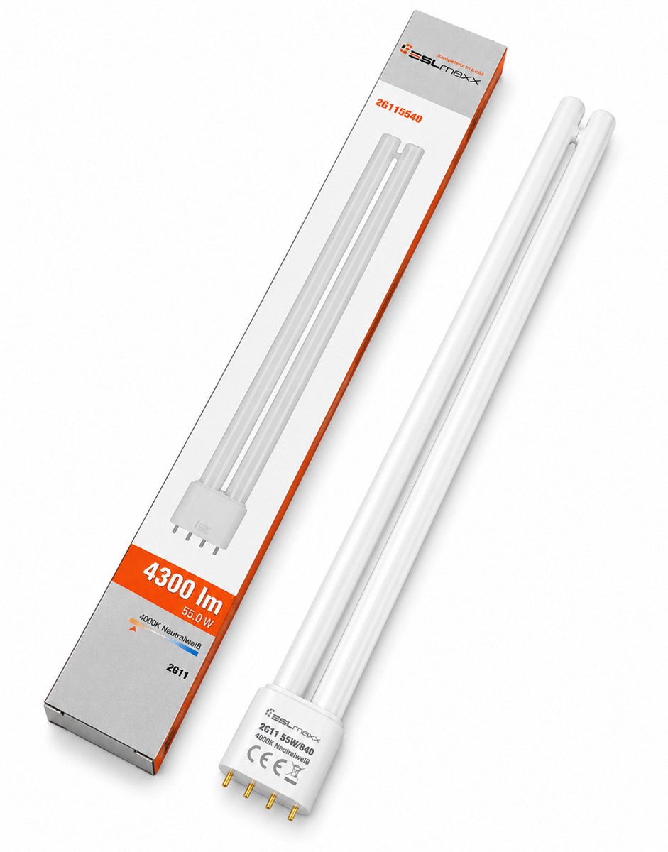 Traditionele 2G11 spaarlamp 55W/840 | Lengte 53.5cm | 2G11 (4 pins) | Koel Wit | 55 watt | 8.000 Branduren