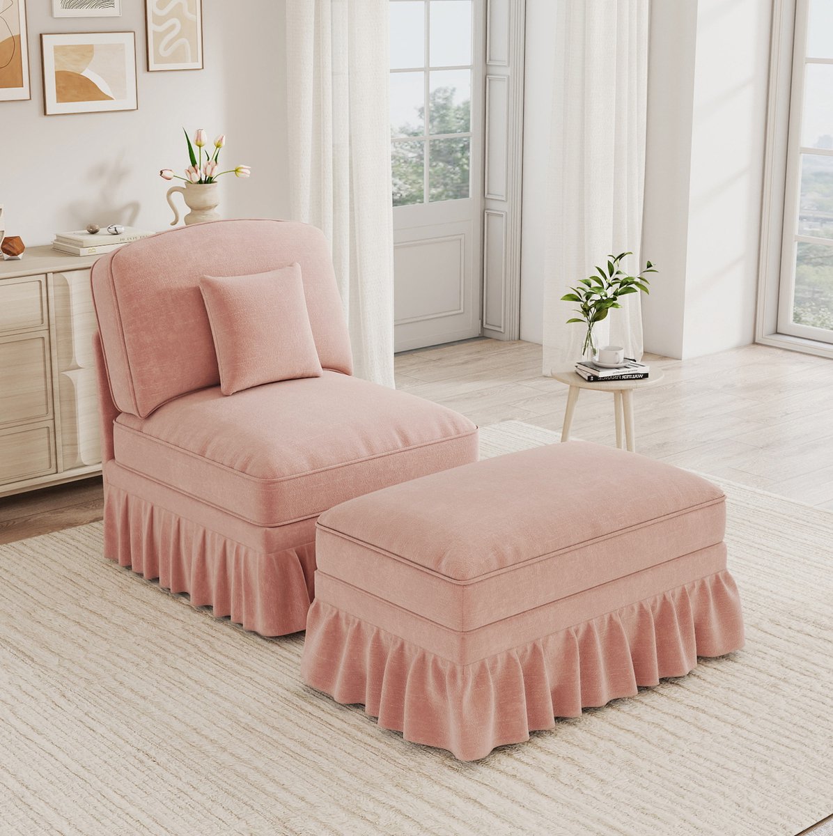OKWISH Fauteuil 1-Zits met Hocker – Klassieke Chenille Relaxstoel met Afneembare Ruchesrok – Voor Woonkamer – Roze – Houten Poten