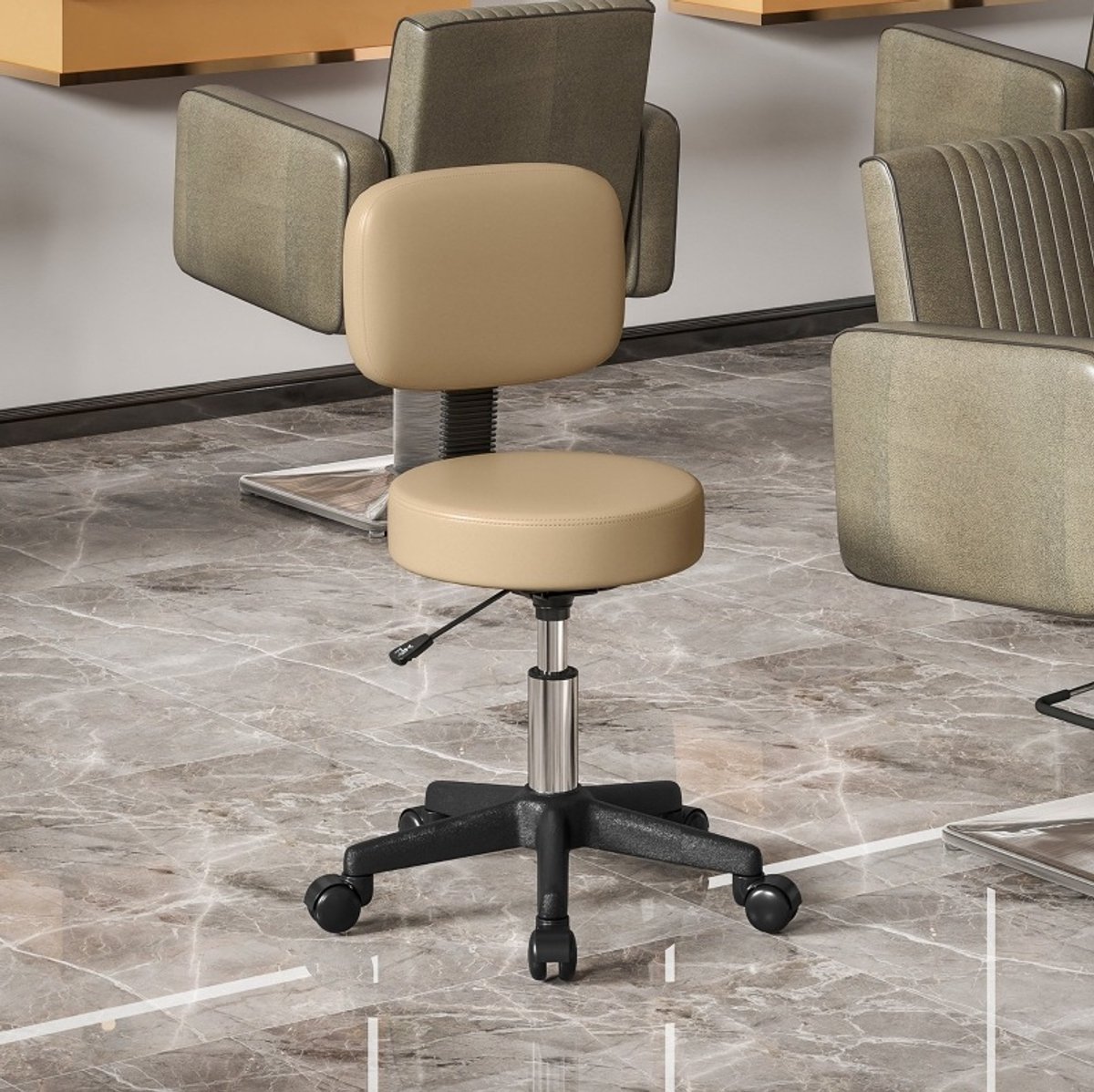 OKWISH Bureaukruk Hoogteverstelbaar Met Rugleuning 43 Tot 55 Cm 360 Graden Draaibaar Op Wielen Voor Salon En Bureau Kunstleer Bruin