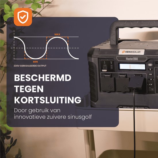 HEKO Solar Master 2000 powerstation met beveiligd sinusgolf-diagram. Tekst: Beschermd tegen kortsluiting.