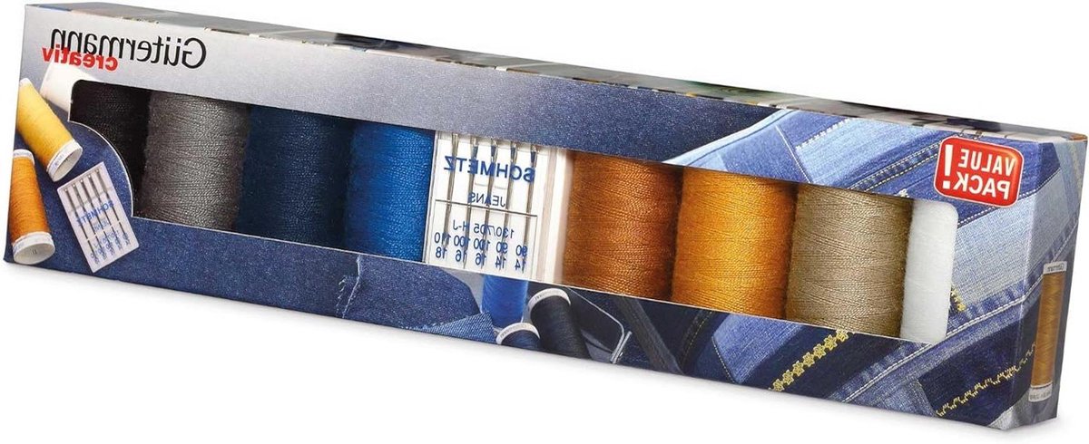 Jeans Naaiset - Denim Garen - Kleding Repareren - Scheurvast Polyester - 8 Spoelen + 5 naalden - Jeanskleuren