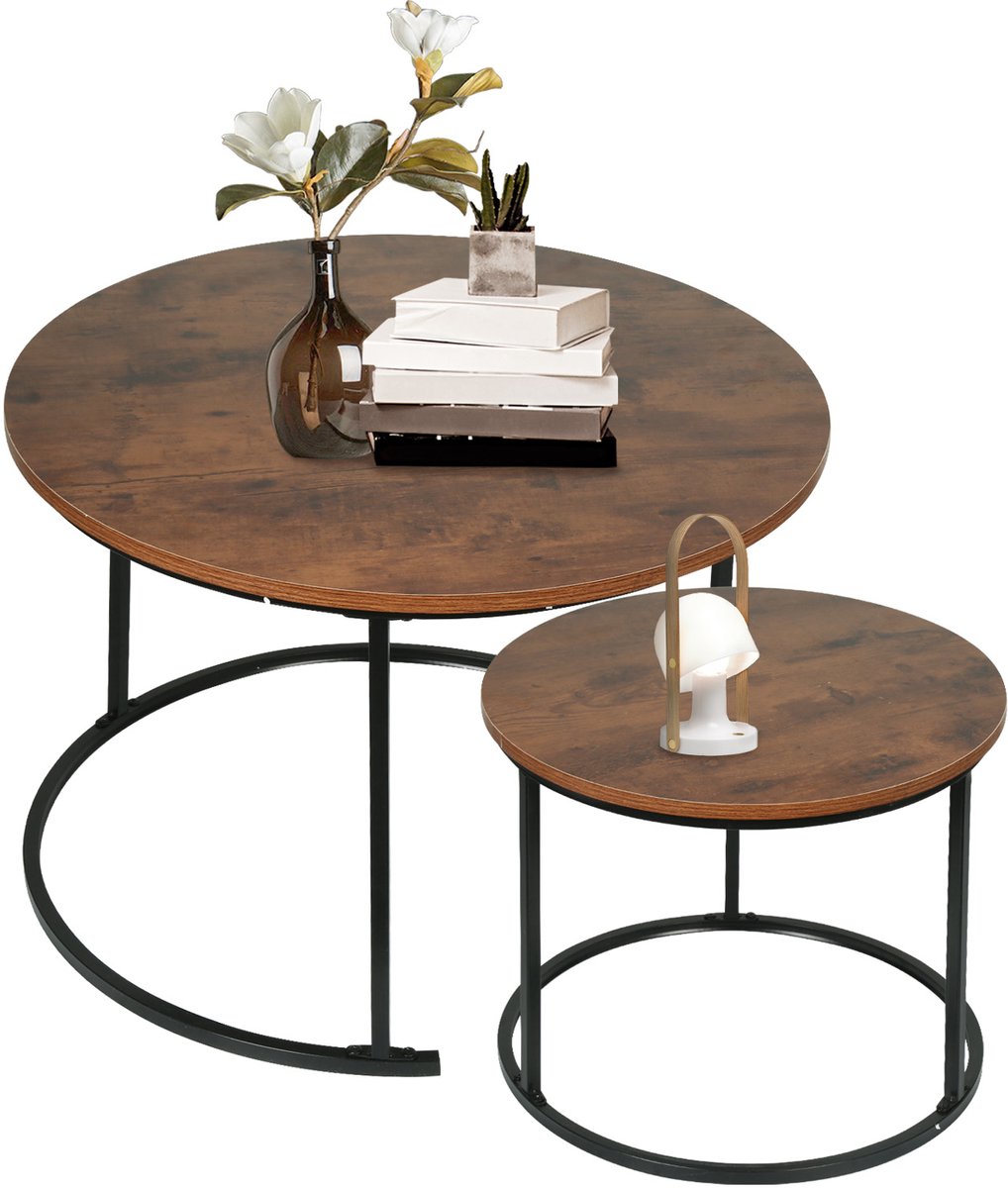 PIPIPOXER-Salontafel Rond Zwart Hout Set Van 2 – Table Basse - Salontafel - Salontafel rond - Salon Tafel - Table basse de salon - Kleine Tafel - Salontafels - Diameter 60 en 40cm