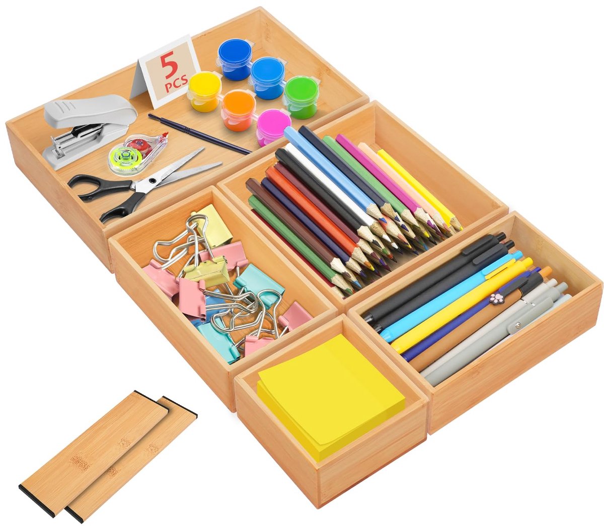 SnelShoppen - 5-delige lade-organizer, bamboe make-uptafel, make-uporganizerbox, 5 cm hoog, sorteerdoos voor kantoor, keuken, badkamer, natuurkleur, b