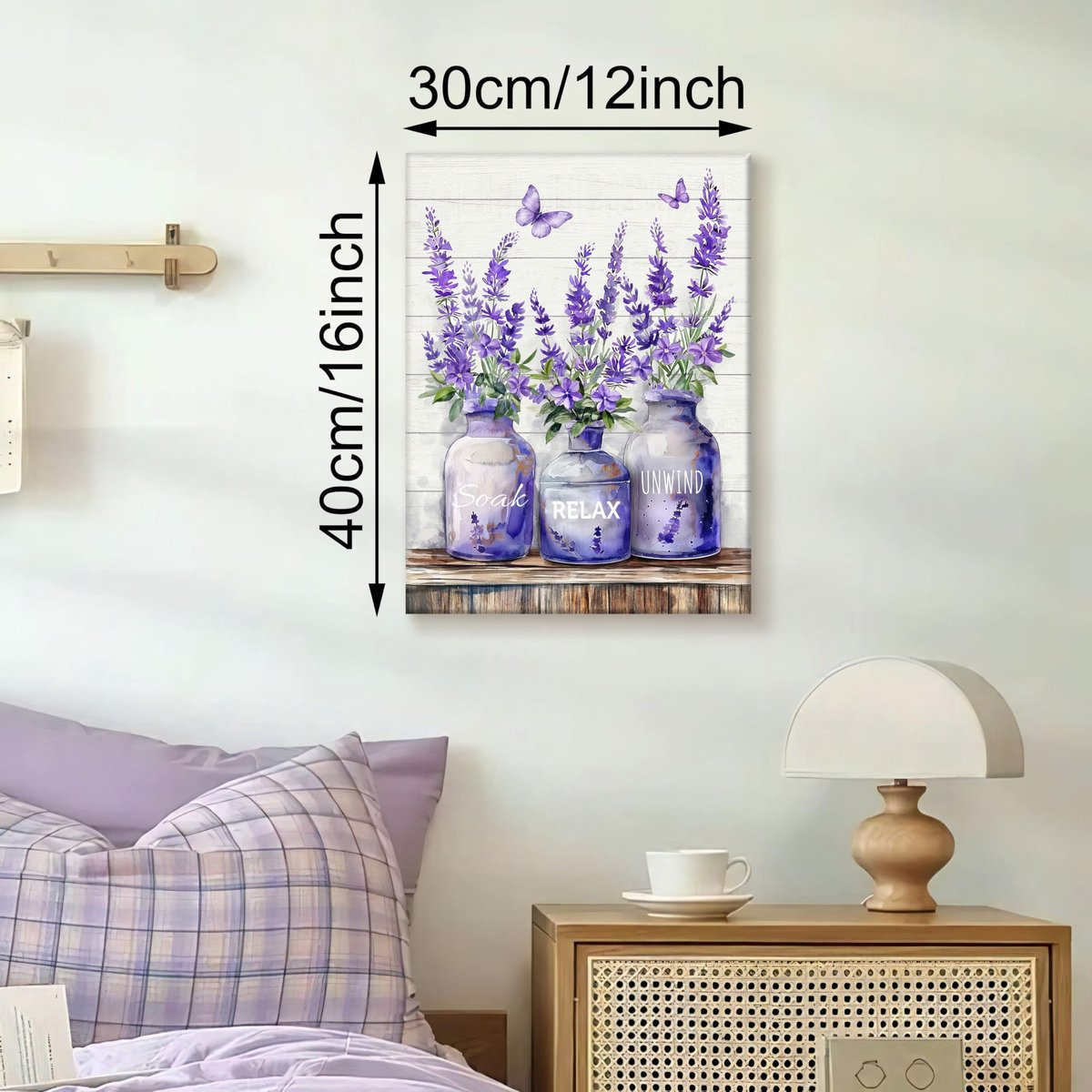 SnelShoppen - Paarse Lavendel in de Vaas Canvas Muurkunst - Vintage Bloemen Vlinder Poster Schilderij - Ontspanning, Yoga, Spa Decoratie