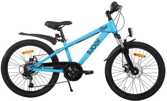 Vélo enfant SJOEF bleu avec logos 'Climb' et 'SJOEF' sur le cadre, roues de 22 pouces.