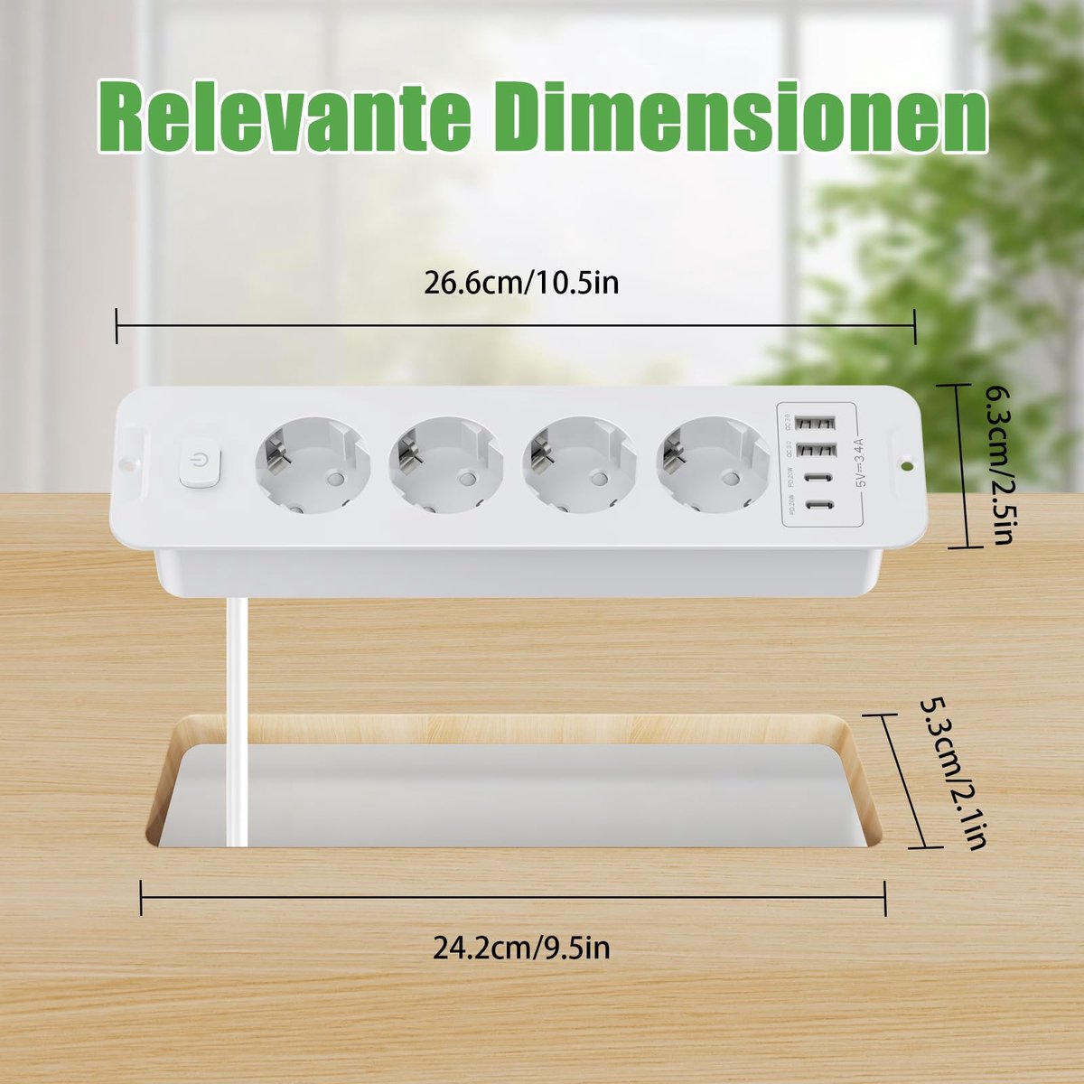 SnelShoppen - Tafelstopcontact 4-voudig inbouwstopcontact met 2 USB en 2 Type-C, verzonken stopcontact met 2 m kabel, 250 V/16 A, ideaal voor vergader
