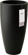 Zwarte, hoge, ronde Elho bloempot van 70,1 cm hoog met een label.